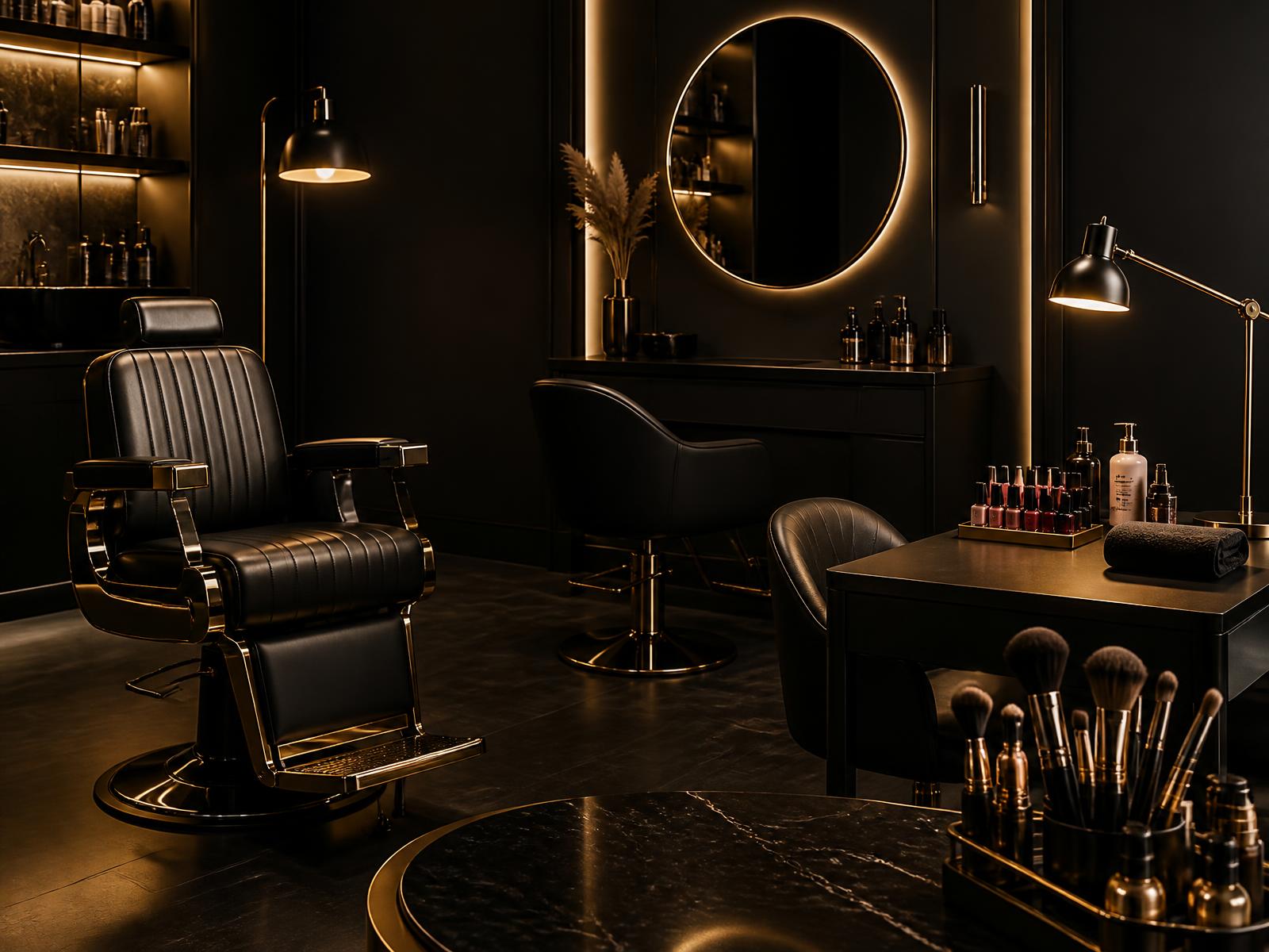 Barbering chair, salon styling station, nail bar and makeup brushes in a gold-lit studio
